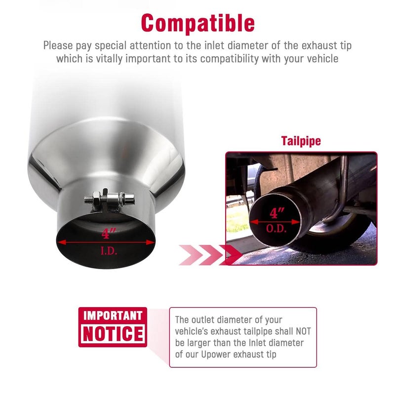 Upower 4" to 8" Exhaust Tip Mirror Polished 4 Inch Inlet 8 Inch Outlet Diesel Exhaust Tailpipe 18" Long 45 Degree Angle Cut Bolt-On Universal for Trucks Pickup Car - Image 2
